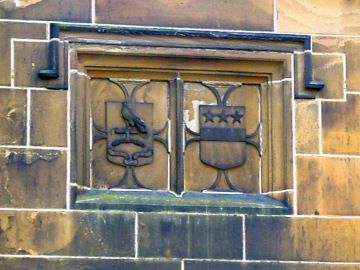 Towneley crest, motto and coat of arms on porch entrance