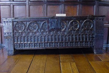 oak coffer  with carved Gothic tracery