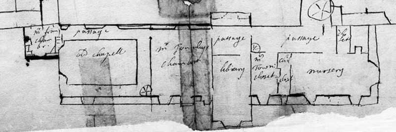 A plan of part of Towneley Hall around 1700 including the library above the gatehouse